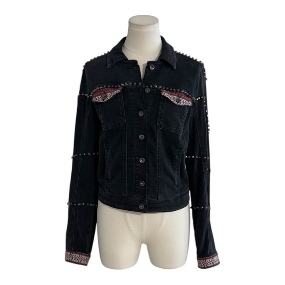 GUESS Black Denim Jean Jacket Leather Fringe Studded Size M Western Concert Stud - Picture 6 of 10